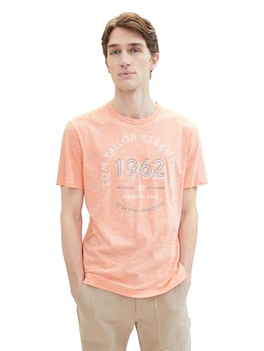 TOM TAILOR Herren Basic T-Shirt mit Logo-Print, melon orange finestripe, M von TOM TAILOR