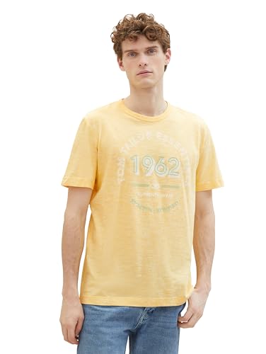 TOM TAILOR Herren Basic T-Shirt mit Logo-Print, sunny yellow finestripe, M von TOM TAILOR