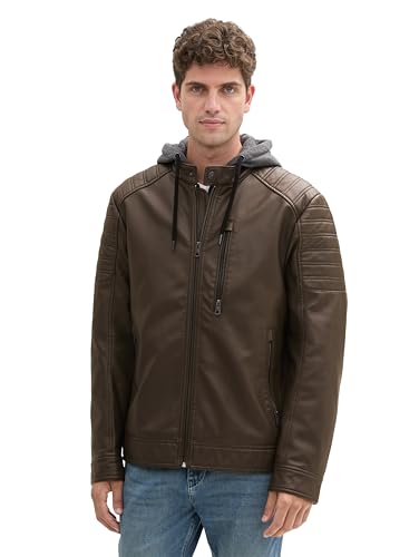 TOM TAILOR Herren 1041317 Fake-Lederjacke im Biker-Style mit Kapuze, 36359-Chestnut Leather, M von TOM TAILOR