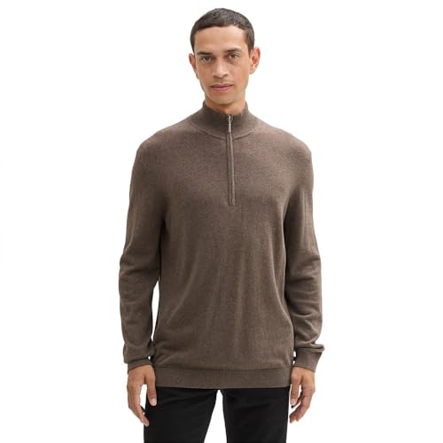 TOM TAILOR Herren 1043268 Basic Troyer-Pullover mit Kaschmir, 36303-Wood Brown Melange, Large von TOM TAILOR
