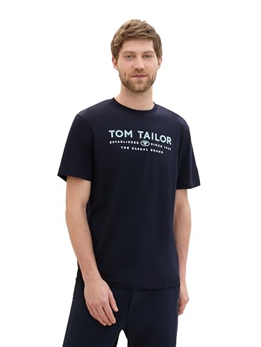 TOM TAILOR Herren 1043276 Basic T-Shirt mit Logo-Print, 10668-Sky Captain Blue, M von TOM TAILOR