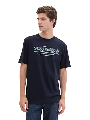 TOM TAILOR Herren 1043284 Basic T-Shirt mit Logo-Print, 10668-Sky Captain Blue, L von TOM TAILOR