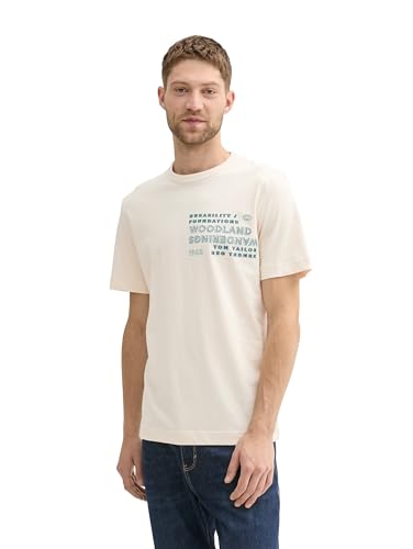 TOM TAILOR Herren 1043409 T-Shirt aus Baumwolle mit Print, 27469-Smooth Light Sand, Large von TOM TAILOR