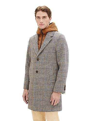 TOM TAILOR Herren 2-in-1 Karo Wollmantel mit abnehmbarer Innenjacke, beige brown wool check, XL von TOM TAILOR