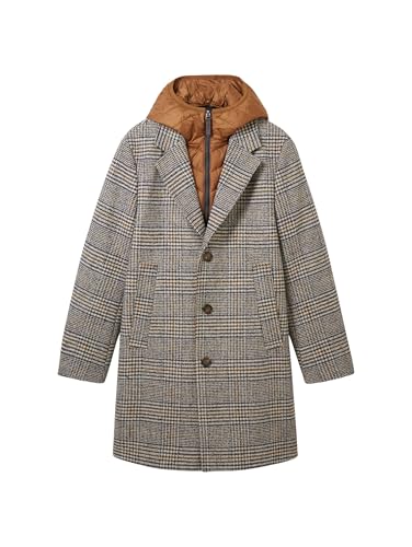 TOM TAILOR Herren 2-in-1 Karo Wollmantel mit abnehmbarer Innenjacke, beige brown wool check, XL von TOM TAILOR