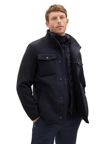 TOM TAILOR Herren 1037345 2-in-1 Wollmantel mit integrierter Innenjacke, 24258-navy Blue Structure, L von TOM TAILOR