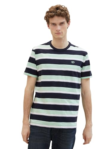 TOM TAILOR Herren Basic Crew-Neck T-Shirt mit Streifen, 35072 - Navy Mint Multi Bold Stripe, S von TOM TAILOR