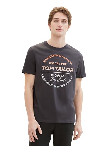 TOM TAILOR Herren Basic Crewneck T-Shrt mit Logo-Print aus Baumwolle, 10899 - Tarmac Grey, M von TOM TAILOR