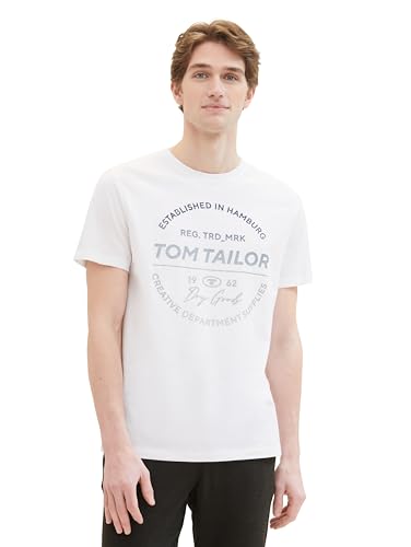 TOM TAILOR Herren Basic Crewneck T-Shrt mit Logo-Print aus Baumwolle, 20000 - White, L von TOM TAILOR