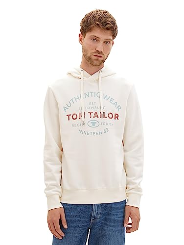 TOM TAILOR Herren 1038744 Basic Hoodie Sweatshirt mit Logo-Print, 10338-Soft Light Beige, M von TOM TAILOR