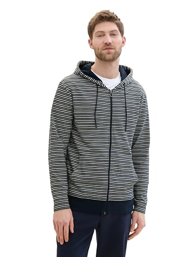 TOM TAILOR Herren Basic Langarmshirt mit Kapuze und Reißverschluss, navy multi stripe, XXL von TOM TAILOR