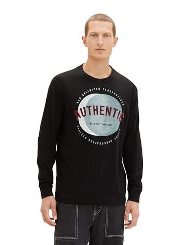 TOM TAILOR Herren Basic Longsleeve mit Print, Black, M von TOM TAILOR