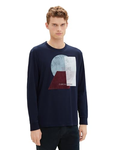 TOM TAILOR Herren Basic Longsleeve mit Print, sky captain blue, L von TOM TAILOR