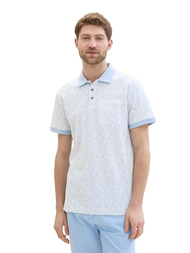 TOM TAILOR Herren Basic Piqué Poloshirt mit Allover-Print, windsurf blue wavy leaf design, XL von TOM TAILOR
