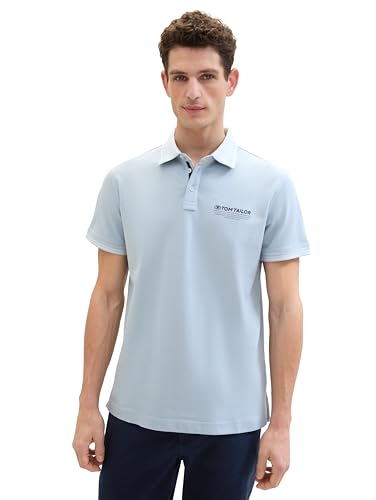 TOM TAILOR Herren Basic Piqué Poloshirt mit Logo-Print , Foggy Blue, L von TOM TAILOR