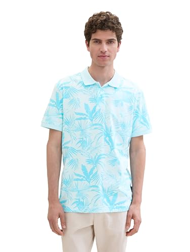 TOM TAILOR Herren Basic Poloshirt mit Allover-Print, cyan striped flower design, L von TOM TAILOR