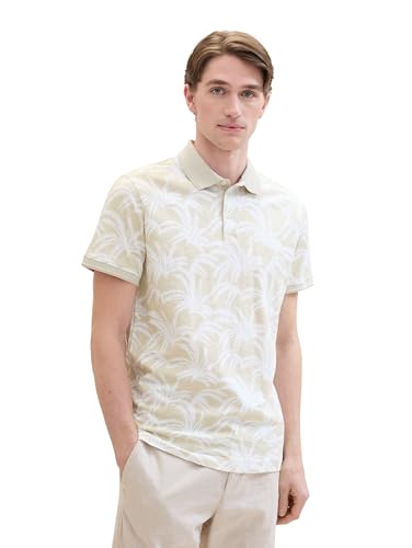 TOM TAILOR Herren Basic Poloshirt mit sommerlichem Allover-Print, beige white leaf design, XXXL von TOM TAILOR