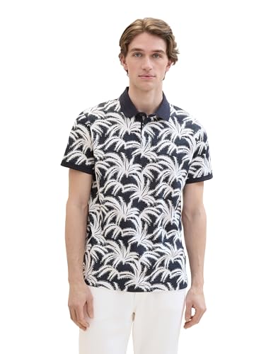 TOM TAILOR Herren Basic Poloshirt mit sommerlichem Allover-Print, navy white leaf design, L von TOM TAILOR