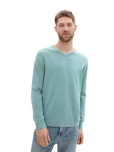 TOM TAILOR Herren Basic Pullover mit V-Ausschnitt aus Baumwolle, 13158 - Mineral Stone Blue Melange, XXL von TOM TAILOR