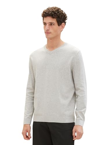 TOM TAILOR Herren Basic Pullover mit V-Ausschnitt aus Baumwolle, 32782 - Alfalfa Melange, M von TOM TAILOR