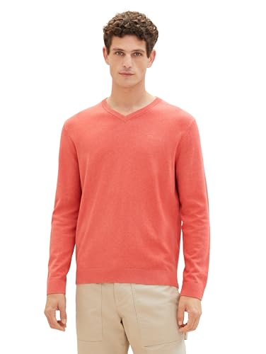 TOM TAILOR Herren Basic Pullover mit V-Ausschnitt aus Baumwolle, 34141 - Soft Red Melange, S von TOM TAILOR