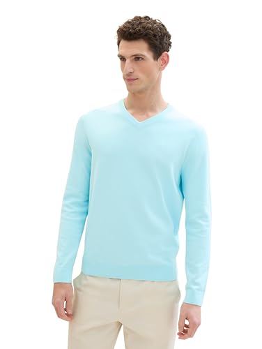 TOM TAILOR Herren Basic Pullover mit V-Ausschnitt aus Baumwolle, 34921 - Caribbean Turquoise, S von TOM TAILOR