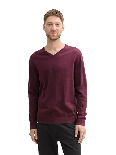 TOM TAILOR Herren Basic Pullover mit V-Ausschnitt aus Baumwolle, 36294 - Grape Red Melange, XXL von TOM TAILOR