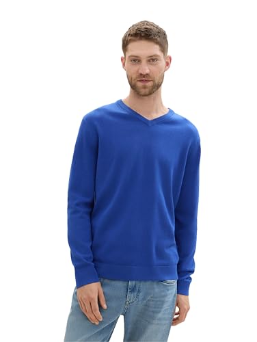 TOM TAILOR Herren Basic Pullover mit V-Ausschnitt aus Baumwolle, 36304 - Bright Royal Blue Melange, XXL von TOM TAILOR