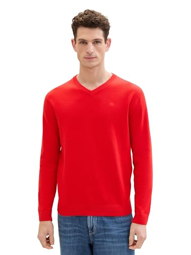 TOM TAILOR Herren Basic Pullover mit V-Ausschnitt aus Baumwolle, 13189 - Basic Red, XXL von TOM TAILOR