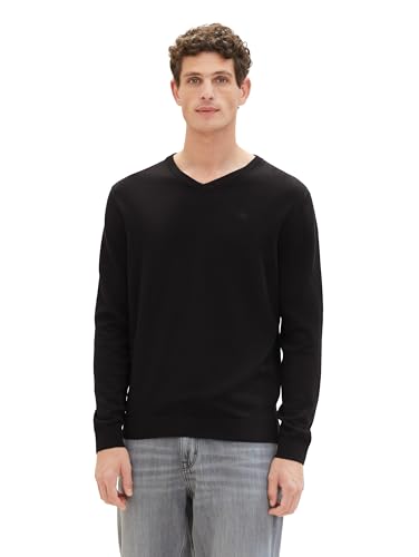 TOM TAILOR Herren Basic Pullover mit V-Ausschnitt aus Baumwolle, 29999 - Black, M von TOM TAILOR