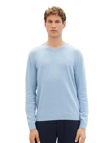 TOM TAILOR Herren Basic Pullover mit V-Ausschnitt aus Baumwolle, 13155 - Daylight Blue Melange, M von TOM TAILOR