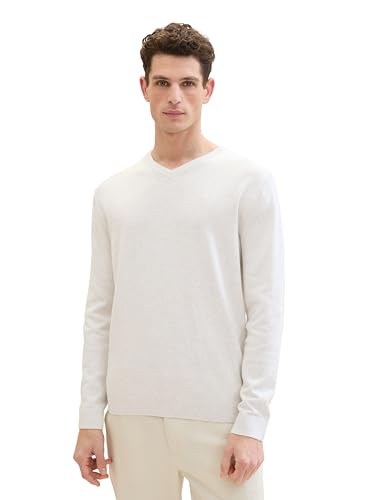 TOM TAILOR Herren Basic Pullover mit V-Ausschnitt aus Baumwolle, 13174 - Soft Vanilla Melange, XXL von TOM TAILOR