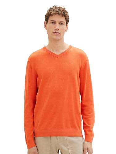 TOM TAILOR Herren Basic Pullover mit V-Ausschnitt aus Baumwolle, 16350 - Bright Summer Orange Melange, S von TOM TAILOR