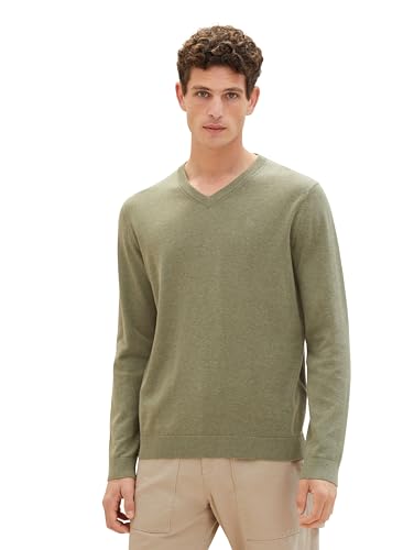 TOM TAILOR Herren Basic Pullover mit V-Ausschnitt aus Baumwolle, 34139 - Brown Green Melange, L von TOM TAILOR