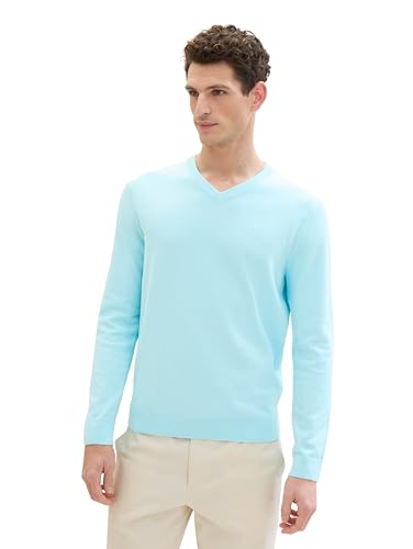 TOM TAILOR Herren Basic Pullover mit V-Ausschnitt aus Baumwolle, 34921 - Caribbean Turquoise, L von TOM TAILOR