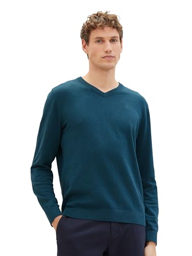 TOM TAILOR Herren Basic Pullover mit V-Ausschnitt aus Baumwolle, 34157 - Dark Green Melange, XXXL von TOM TAILOR