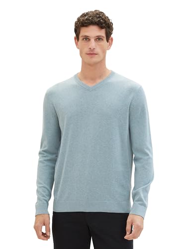 TOM TAILOR Herren Basic Pullover mit V-Ausschnitt aus Baumwolle, 27945 - Dusty Ice Melange, L von TOM TAILOR