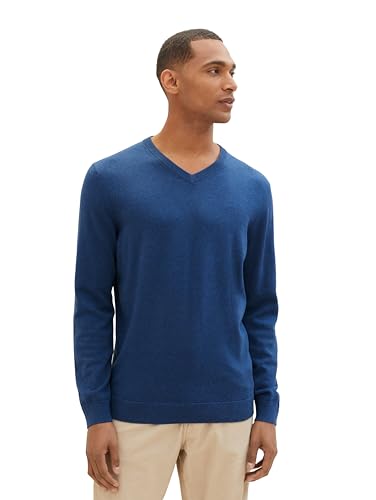 TOM TAILOR Herren Basic Pullover mit V-Ausschnitt aus Baumwolle, 32618 - Hockey Blue Dark Melange, L von TOM TAILOR