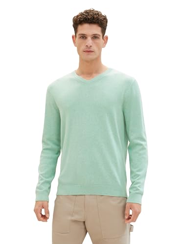 TOM TAILOR Herren Basic Pullover mit V-Ausschnitt aus Baumwolle, 26128 - Soft Jade Melange, M von TOM TAILOR