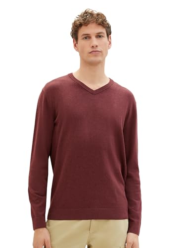 TOM TAILOR Herren Basic Pullover mit V-Ausschnitt aus Baumwolle, 32620 - Tawny Port Red Melange, M von TOM TAILOR