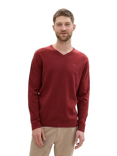 TOM TAILOR Herren Basic Pullover mit V-Ausschnitt aus Baumwolle,35676 - Burgundy Dark red Melange, XXL von TOM TAILOR