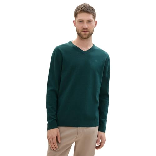TOM TAILOR Herren Basic Pullover mit V-Ausschnitt aus Baumwolle,36296 - Dark Tree Green Melange, S von TOM TAILOR