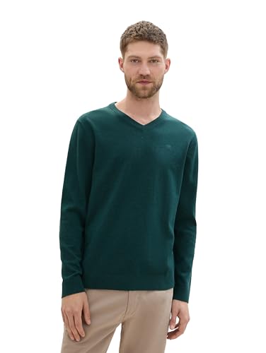 TOM TAILOR Herren Basic Pullover mit V-Ausschnitt aus Baumwolle,36296 - Dark Tree Green Melange, XXL von TOM TAILOR