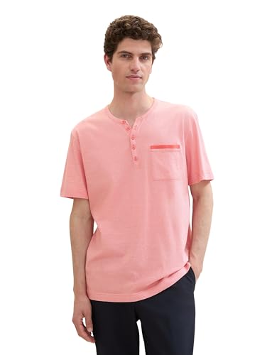 TOM TAILOR Herren Basic Serafino T-Shirt mit Struktur, flamingo flower white stripes, L von TOM TAILOR