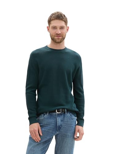 TOM TAILOR Herren Basic Strick-Pullover aus Baumwolle,36296 - Dark Tree Green Melange, S von TOM TAILOR