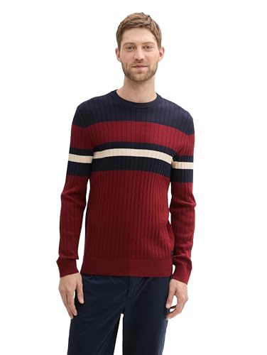 TOM TAILOR Herren Basic Strickpullover mit Streifen,13721 - Burgundy Dark red, XXL von TOM TAILOR