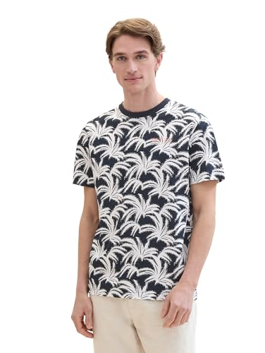 TOM TAILOR Herren Basic T-Shirt mit Allover-Print, navy white leaf design, M von TOM TAILOR