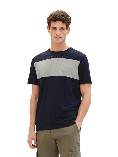 TOM TAILOR Herren Basic T-Shirt mit Logo-Print, 10668 - Sky Captain Blue, L von TOM TAILOR