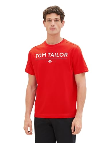 TOM TAILOR Herren Basic T-Shirt mit Logo-Print, 13189 - Basic Red, XL von TOM TAILOR