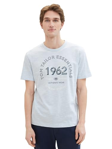 TOM TAILOR Herren Basic T-Shirt mit Logo-Print, foggy blue finestripe, S von TOM TAILOR